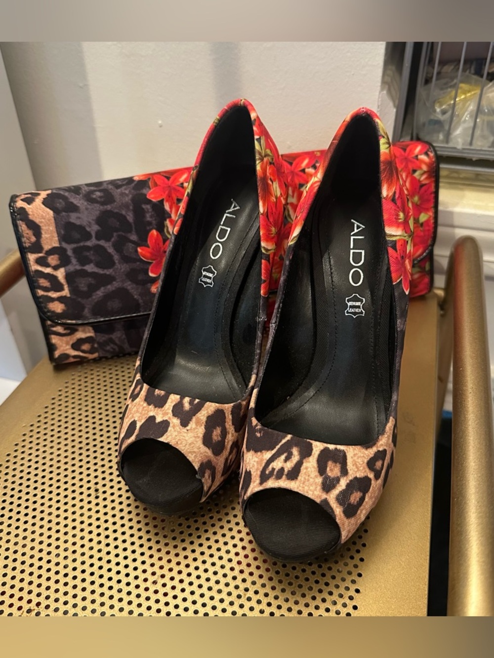 ALDO Leopard Print Peep-Toe Heels with Red Floral Back
